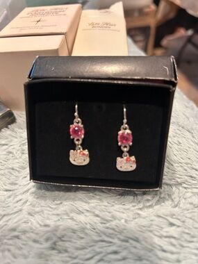 Hello Kitty Silver-Tone Earrings with Pink Crystals